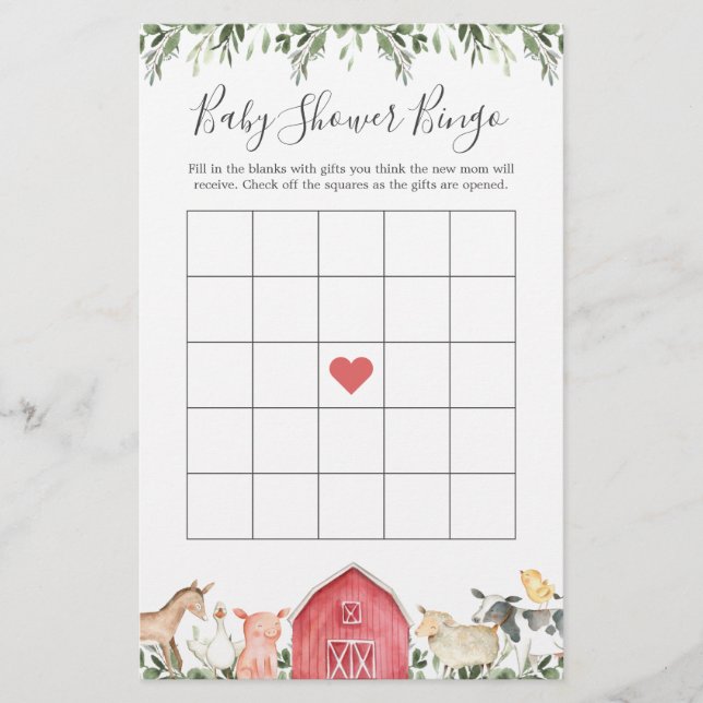 Sur La Ferme Animaux Baby shower Jeu De Bingo (Devant)