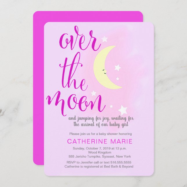 Sur la Lune Baby Girl Shower Invitation (Devant / Derrière)