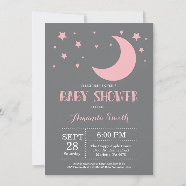 Sur la lune Baby shower fille Invitation rose (Devant)