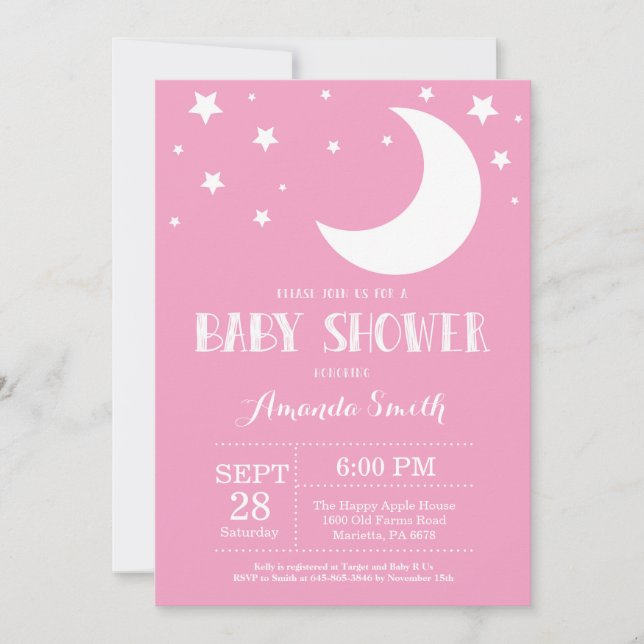 Sur la Lune Baby shower Invitation rose (Devant)