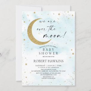 Sur la Lune Blue Gold Boy Baby shower Invitation