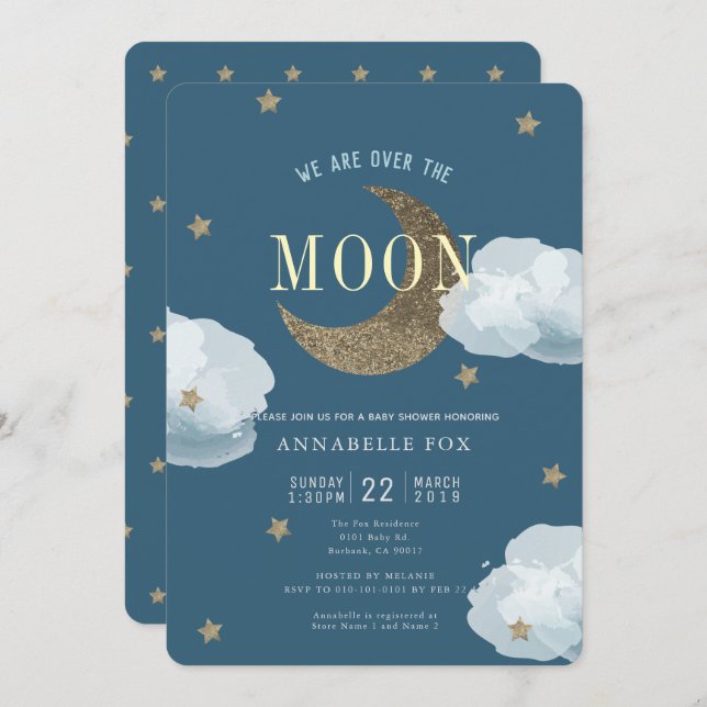 Sur la Lune Midnight Blue Baby shower Invitation (Devant / Derrière)