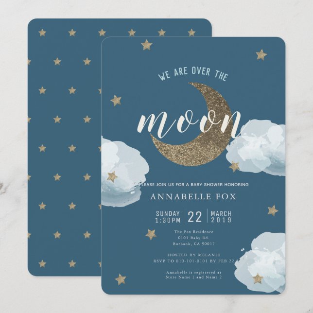 Sur la Lune Midnight Blue Baby shower Invitation (Devant / Derrière)