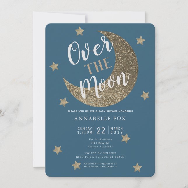 Sur la Lune Midnight Blue Baby shower Invitation (Devant)