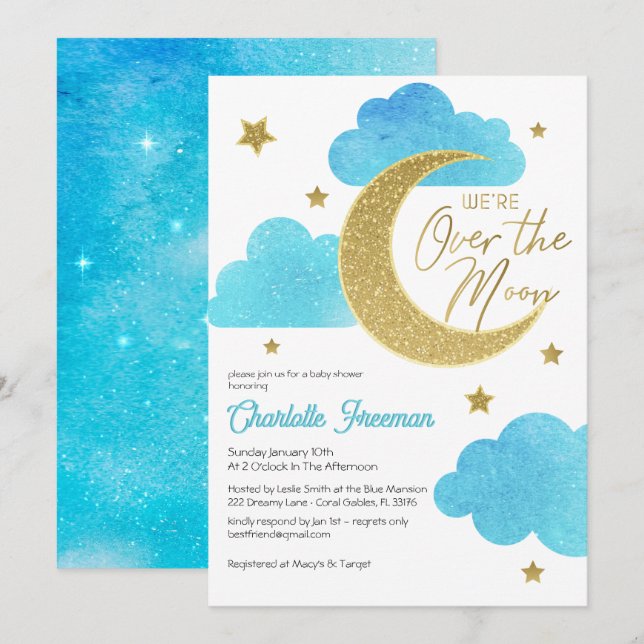 Sur la Lune Starry Baby shower de nuit Invitation (Devant / Derrière)