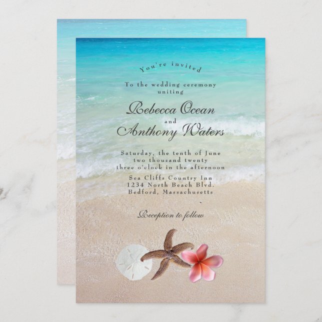 Sur la mer Starfish Plumeria Mariage Invitations (Devant / Derrière)