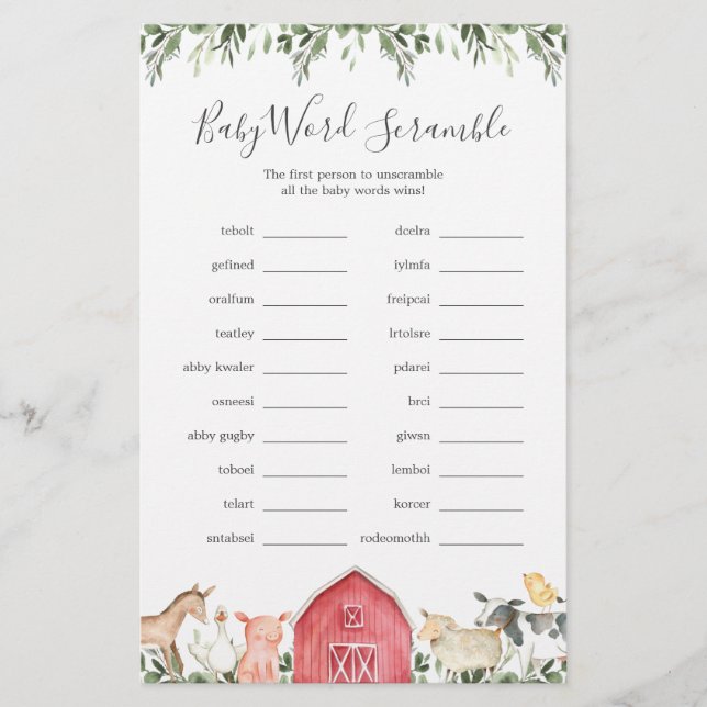 Sur Le Baby shower Agricole Word Scramble Jeu (Devant)