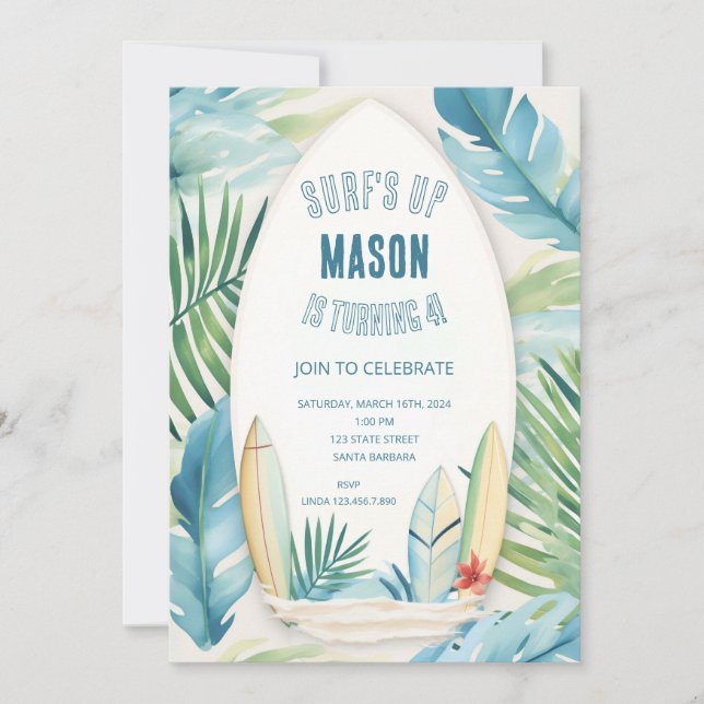 Surf Anniversaire Invitation en bleu (Devant)