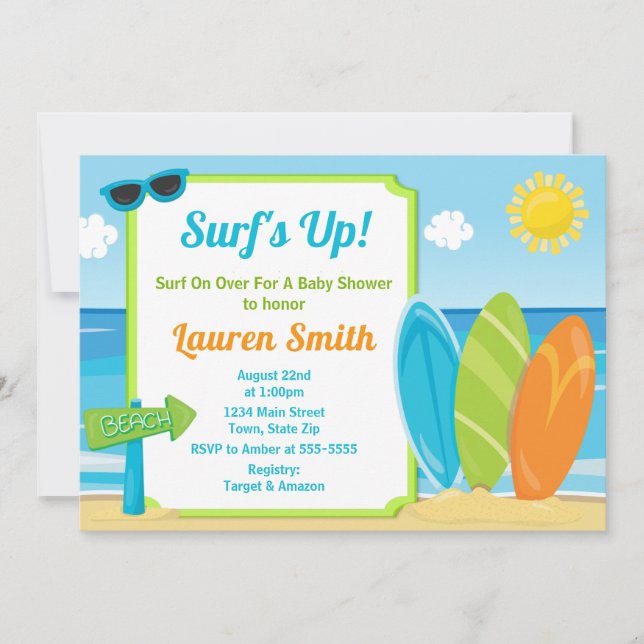 Surf Board Baby shower Invitation Surfer Boy (Devant)