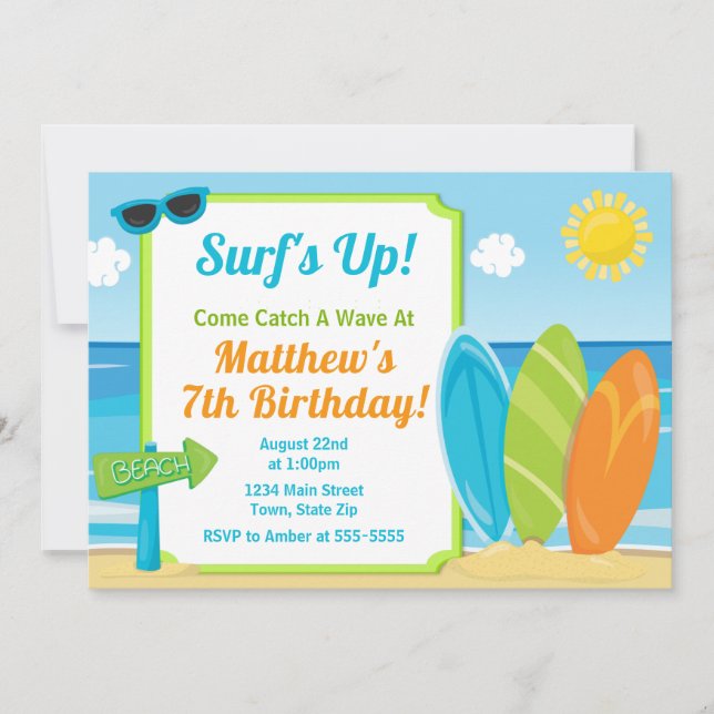 Surf Board Invitation Anniversaire Surf Beach Part (Devant)