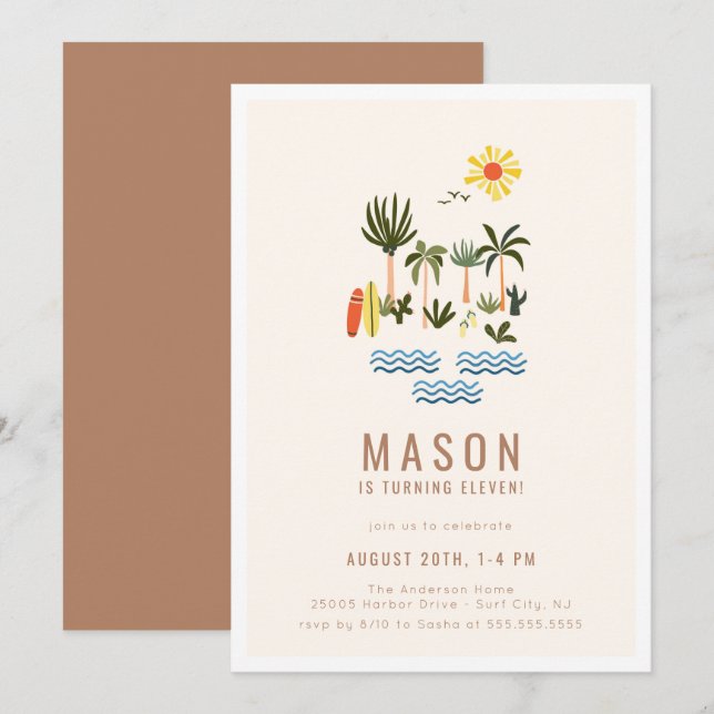 Surf d'été Invitation de fête d'anniversaire (Devant / Derrière)