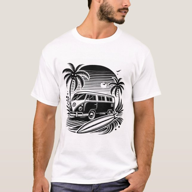 Surf rétro Van & Palm Trees Design T-Shirt (Devant)