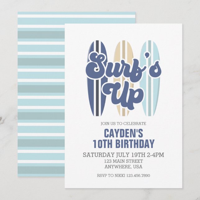 Surf Up Surboard Beach Invitation d'anniversaire (Devant / Derrière)