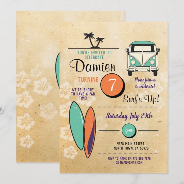 Surf Up ! Surf Anniversaire Invitation Beach Palm (Devant / Derrière)