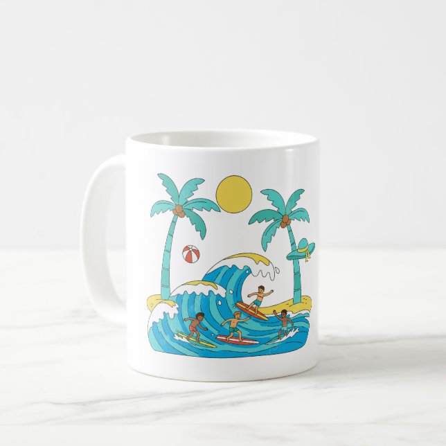 Surf & Waves – Cartoon Beach Gift Mug (Devant gauche)