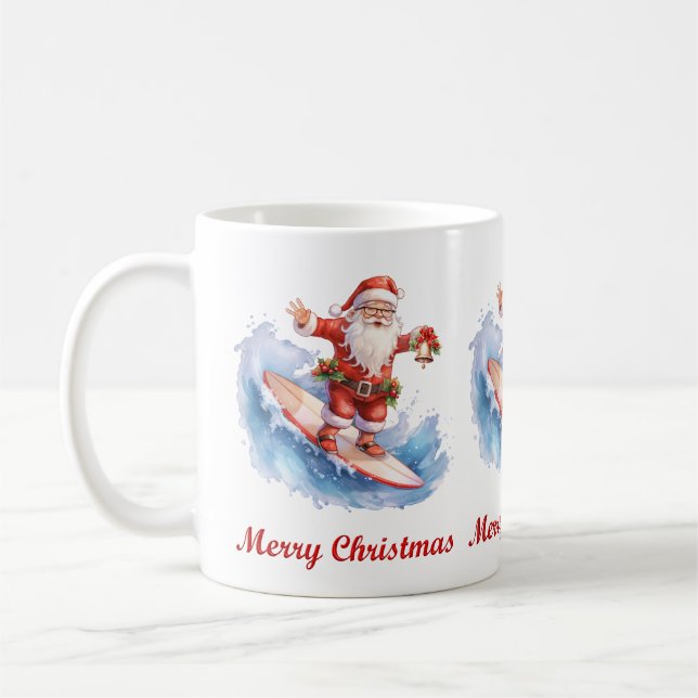 Surfing Père Noël Joyeux Noël Mug (Gauche)