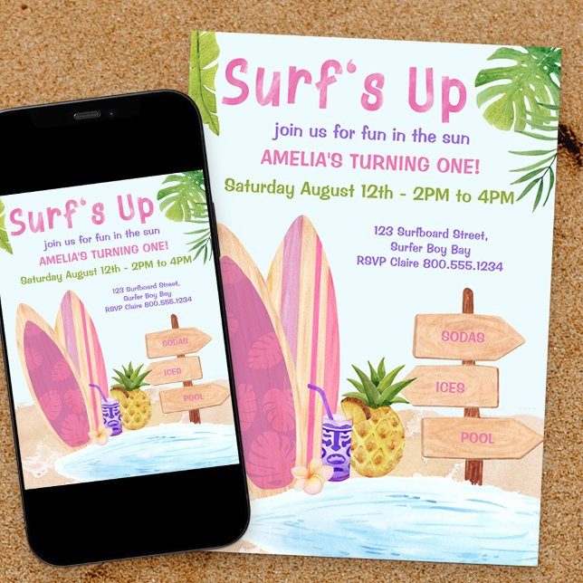Surfs Up First Birthday Party Girls Invitation (Créateur téléchargé)
