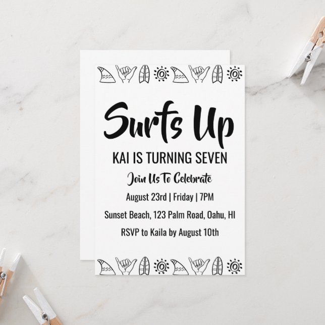 surfs up surfing plage invitations fête d'annivers (Devant/Arrière en situation)