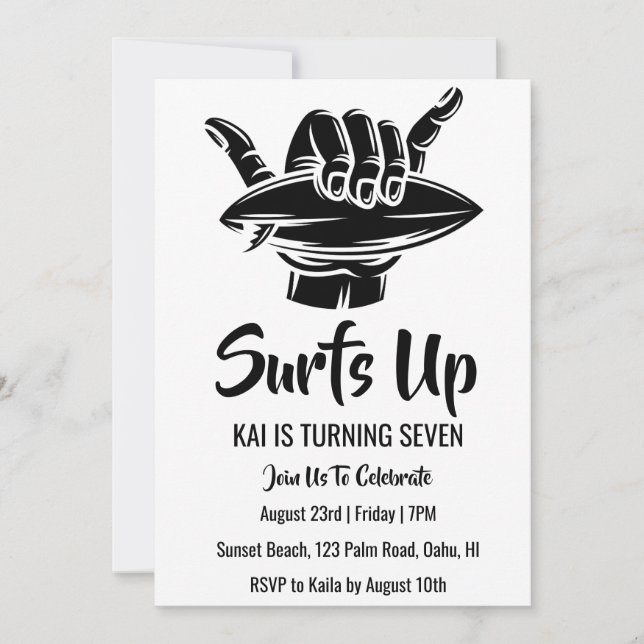 surfs up surfing plage invitations fête d'annivers (Devant)