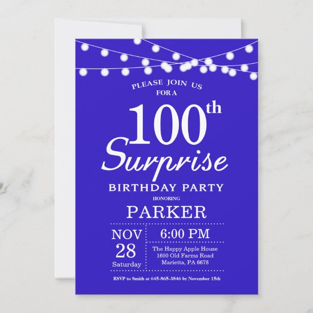 Surprise 100e anniversaire Invitation Royal Blue (Devant)