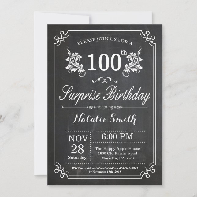 Surprise 100e anniversaire Invitation tableau de b (Devant)
