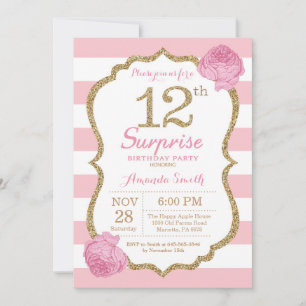 Surprise 12e anniversaire Invitation rose et or