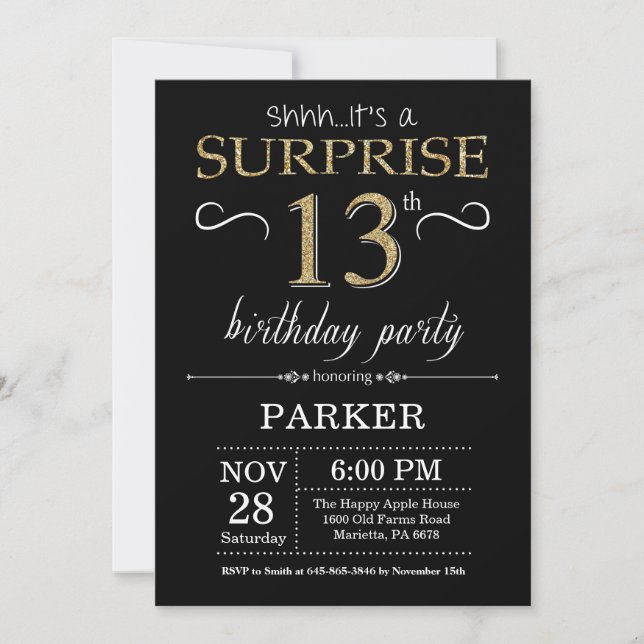Surprise 13e anniversaire Invitation Black and Gol (Devant)
