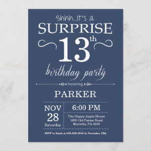 Surprise 13e anniversaire Invitation Bleu