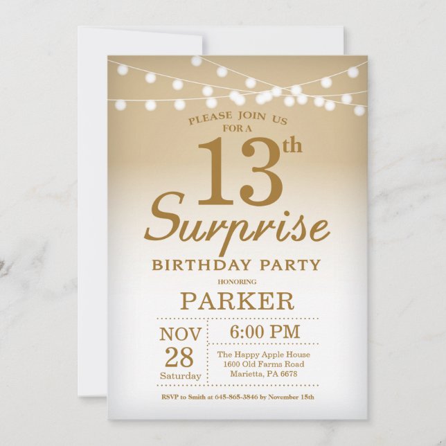 Surprise 13e anniversaire Invitation Gold (Devant)