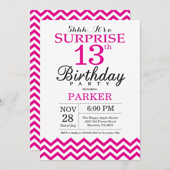Surprise 13e anniversaire Invitation Hot Pink Chev (Devant / Derrière)
