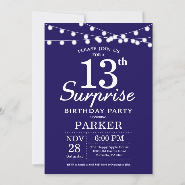 Surprise 13e anniversaire Invitation Marine Bleu (Devant)