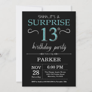 Surprise 13e anniversaire Invitation Noir et Turqu