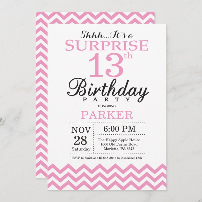 Surprise 13e anniversaire Invitation Pink Chevron (Devant / Derrière)