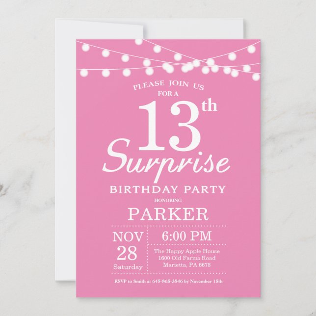 Surprise 13e anniversaire Invitation rose (Devant)