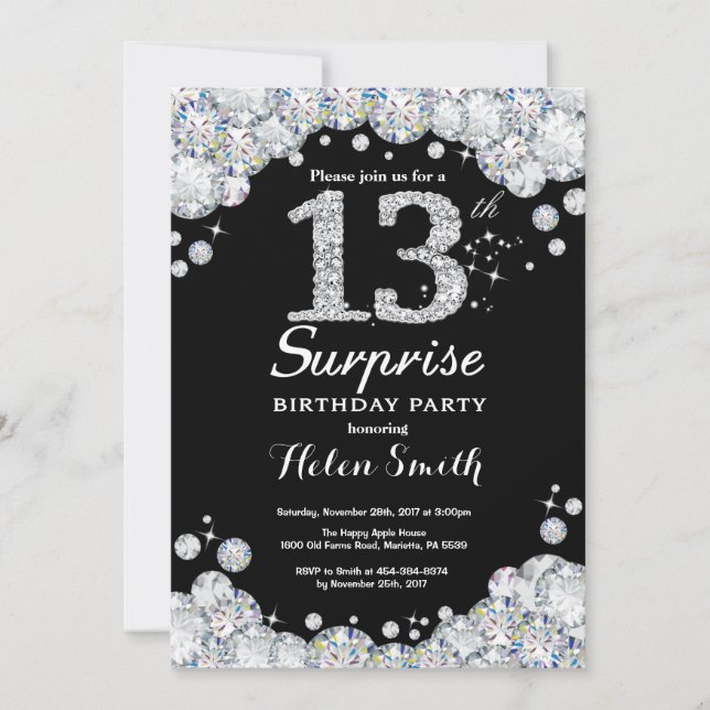 Surprise 13e anniversaire Invitation Silver Diamon (Devant)