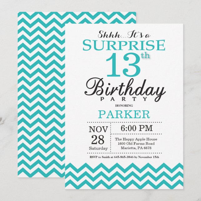 Surprise 13e anniversaire Invitation Turquoise Che (Devant / Derrière)