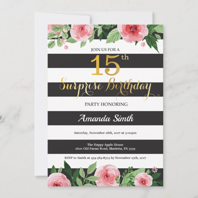 Surprise 15e anniversaire Invitation Ado Floral (Devant)