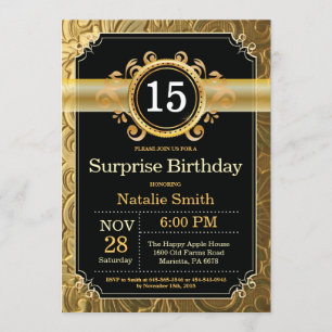 Surprise 15e anniversaire Invitation Black and Gol