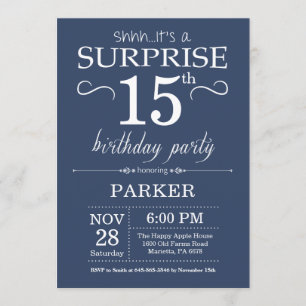 Surprise 15e anniversaire Invitation Bleu