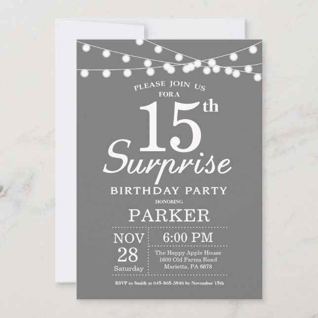 Surprise 15e anniversaire Invitation Gris et blanc (Devant)