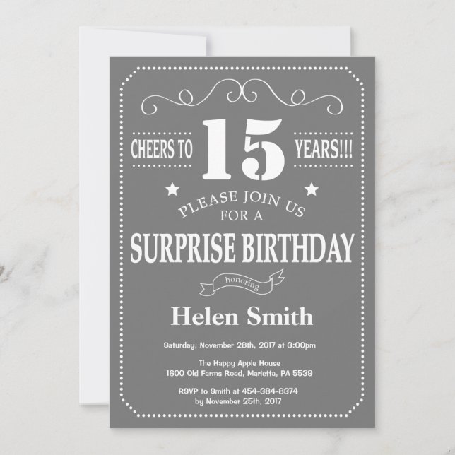 Surprise 15e anniversaire Invitation Gris et blanc (Devant)