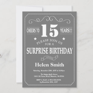 Surprise 15e anniversaire Invitation Gris et blanc