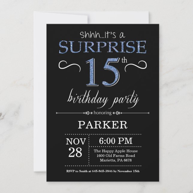 Surprise 15e anniversaire Invitation noir et bleu (Devant)