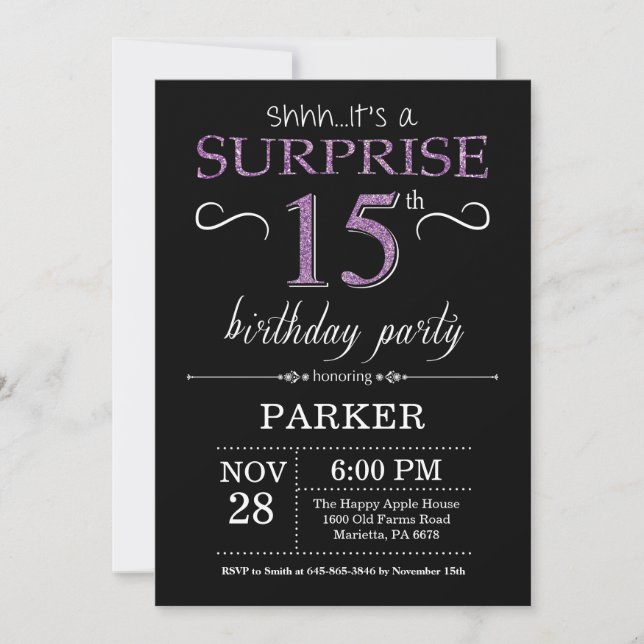 Surprise 15e anniversaire Invitation noir et viole (Devant)
