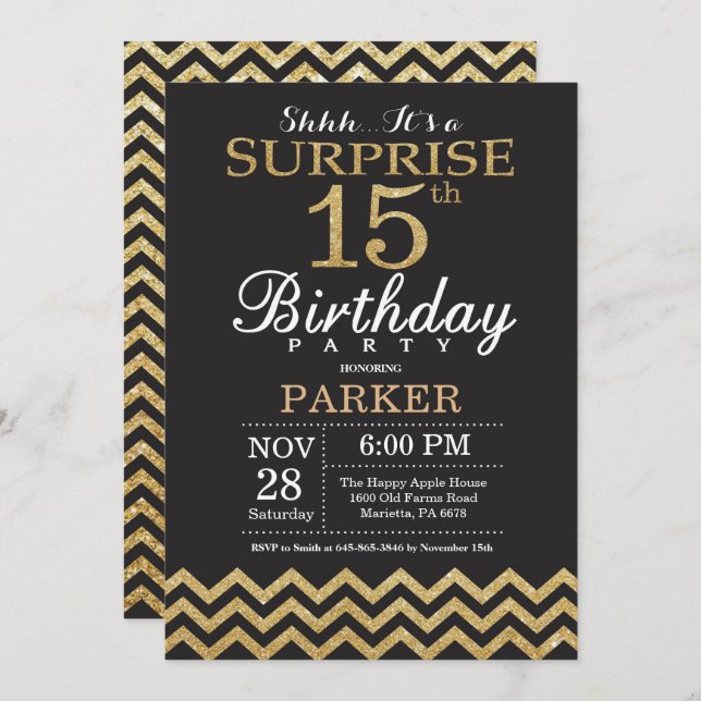 Surprise 15e anniversaire Invitation Parties scint (Devant / Derrière)