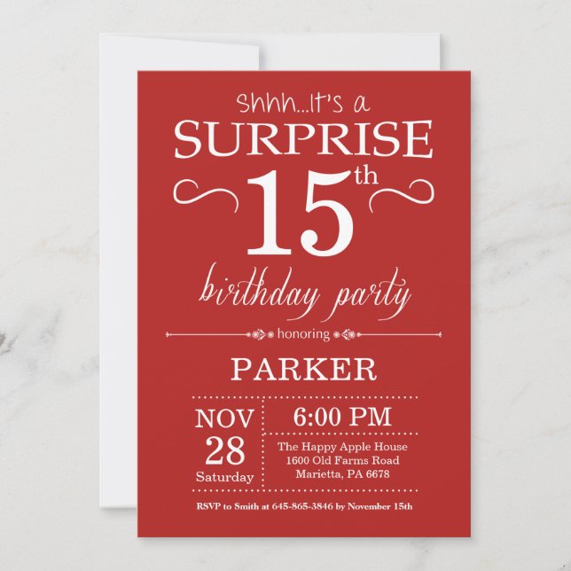 Surprise 15e anniversaire Invitation Rouge (Devant)