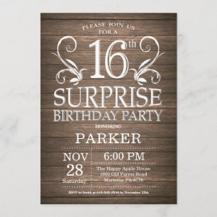 Surprise 16e anniversaire Invitation Bois rustique