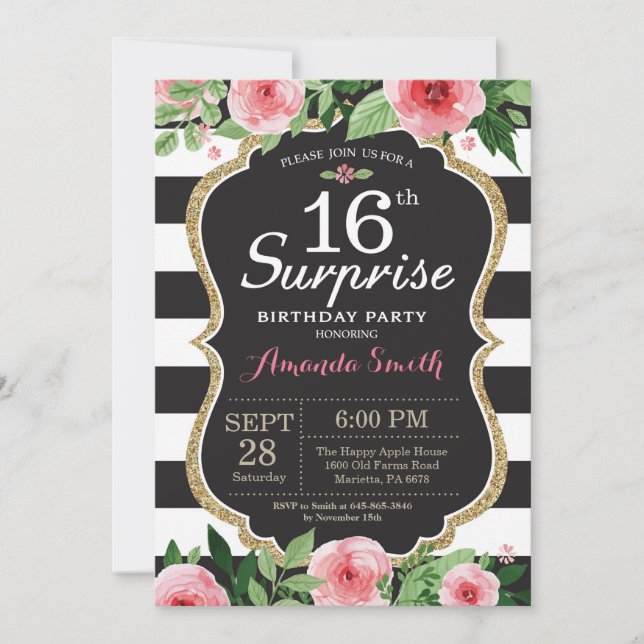 Surprise 16e anniversaire Invitation Femmes. Flora (Devant)