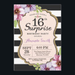 Surprise 16e anniversaire Invitation Floral Ado<br><div class="desc">Surprise 16e anniversaire Invitation pour ado fille dame. Sweet sixteen. Invitation de fête d'anniversaire noir et or. Parties scintillant or. Fleur Florale d'aquarelle violette. Blancs et Noirs. Numérique imprimable. Pour plus de personnalisation,  cliquez sur le bouton "Customiser" et utilisez notre outil de conception pour modifier ce modèle.</div>