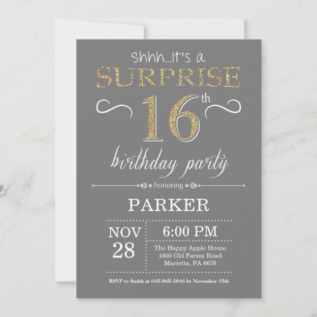 Surprise 16e anniversaire Invitation Grey and Gold (Devant)